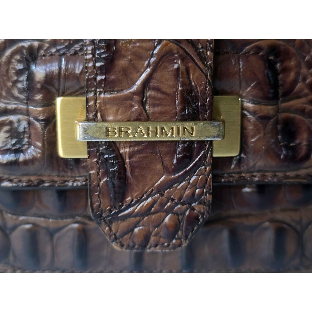 Brahmin Brown Crocodile Embossed Leather Flap Shoulder Bag Gold Logo Hardware - Picture 6 of 14